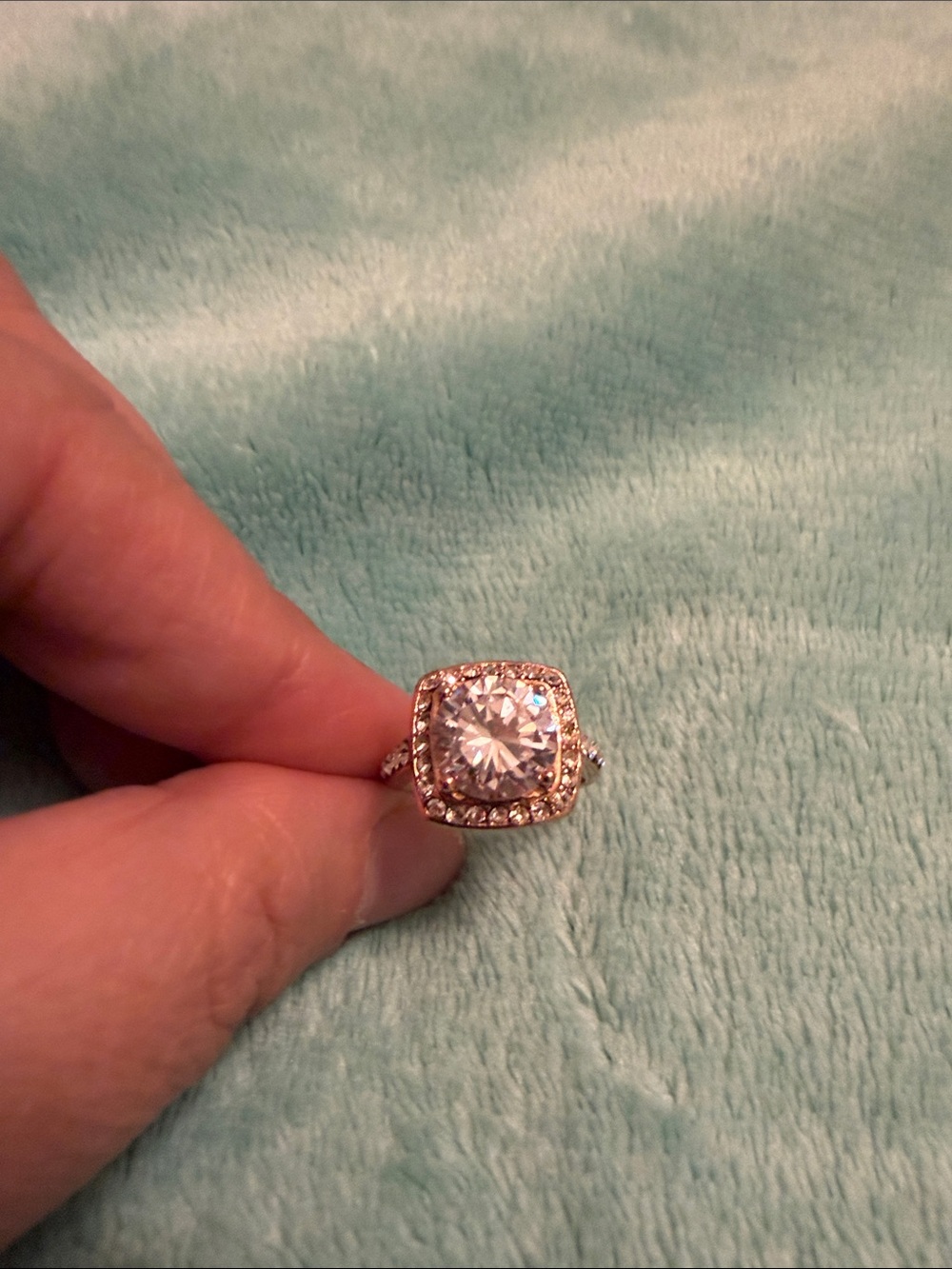 Halo Cushion Cut Cubic Zirconia Ring Plated Rose Gold